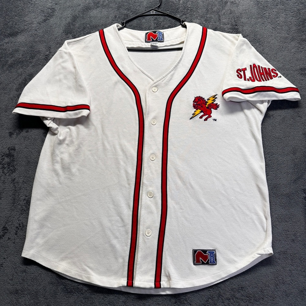 Vintage St. John's University Baseball Jersey Mens Large White Red Storm Thunder